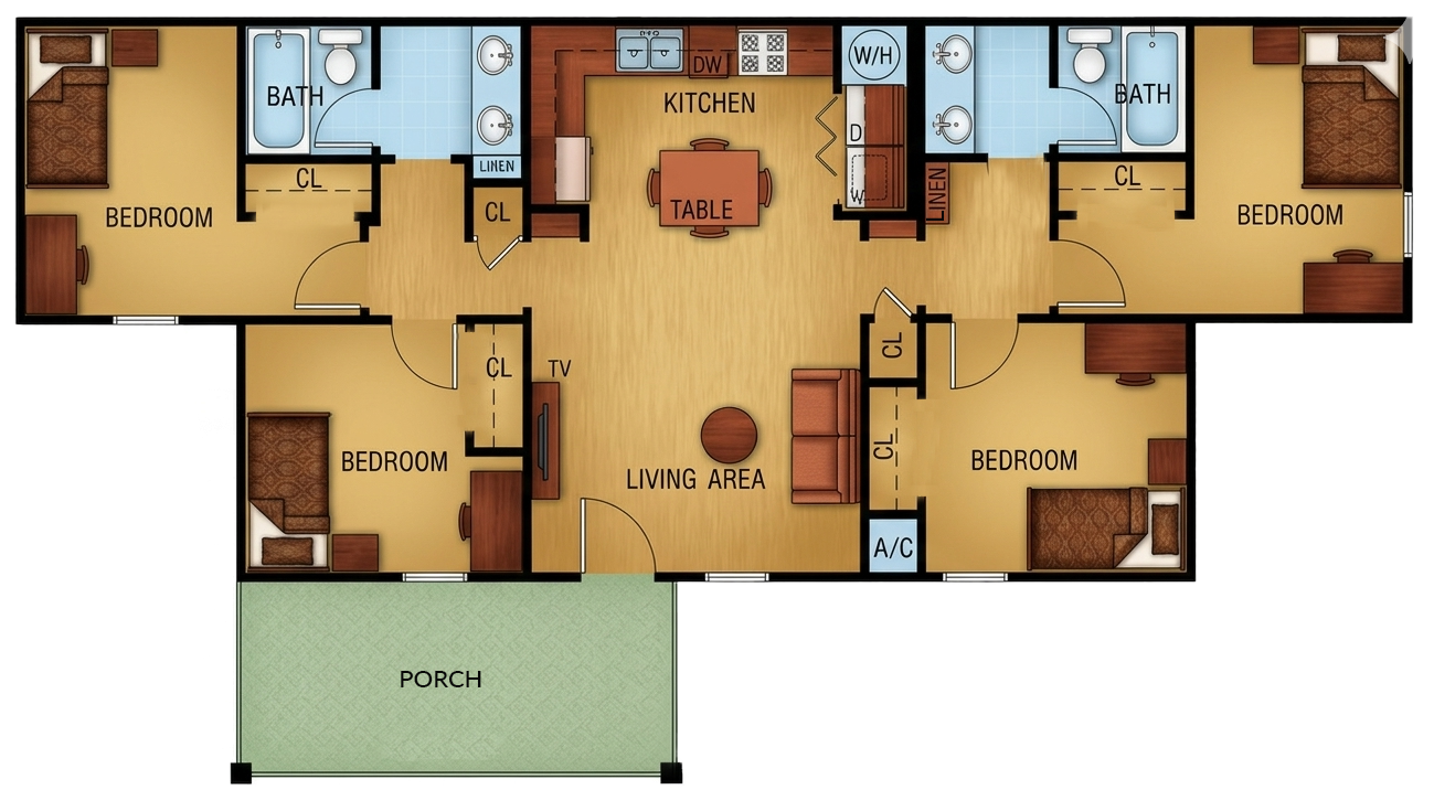 Type 1 four-bedroom quad apartment floor plan