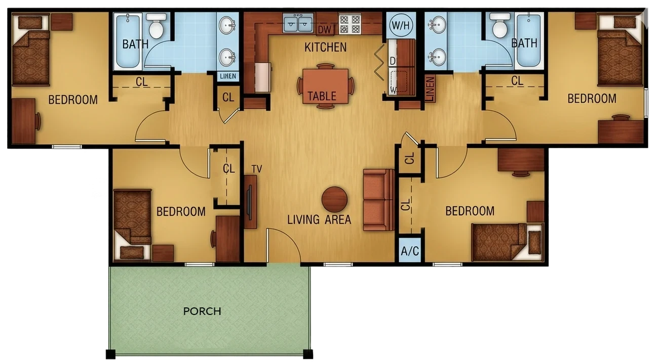 Four-bedroom quadplex apartment floor plan