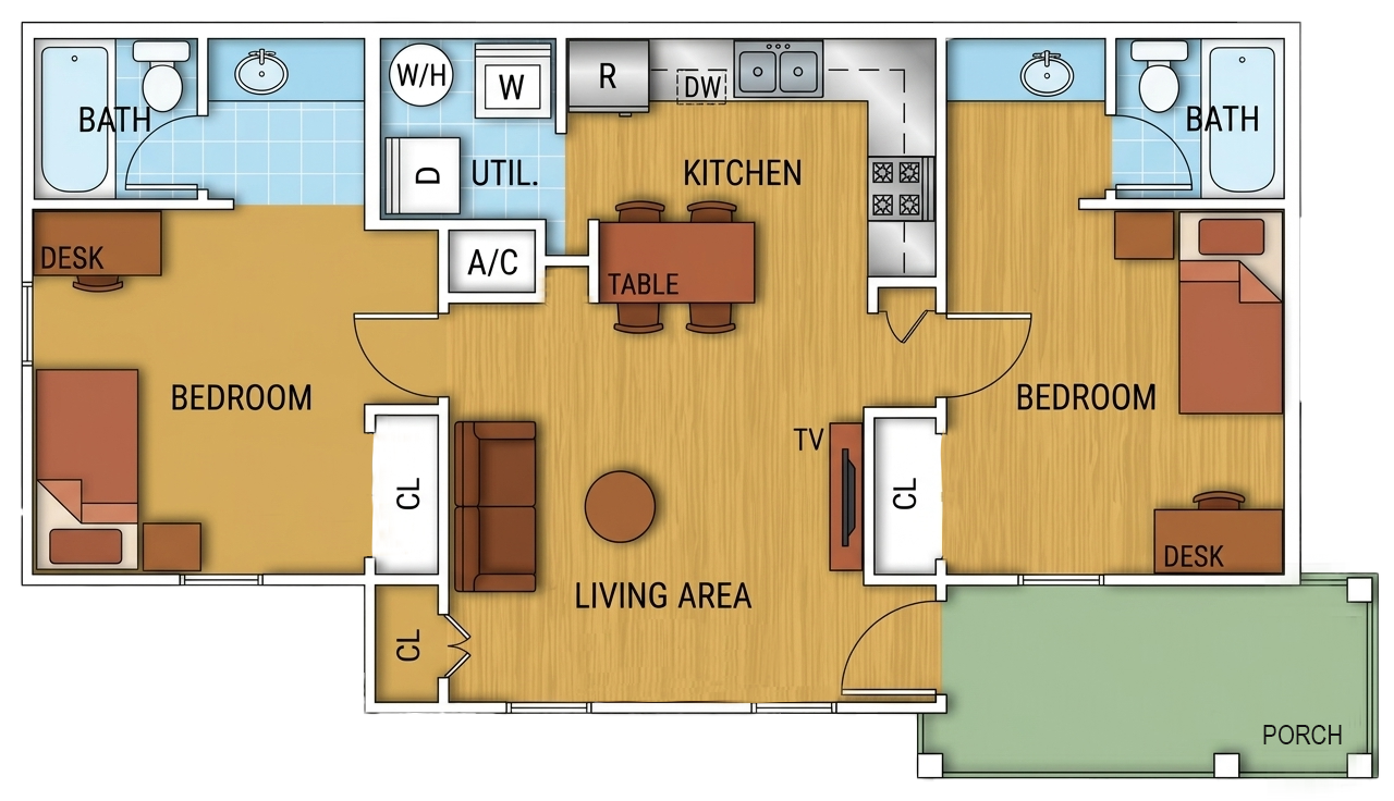 Type 4 two-bedroom, two-bath apartment floor plan
