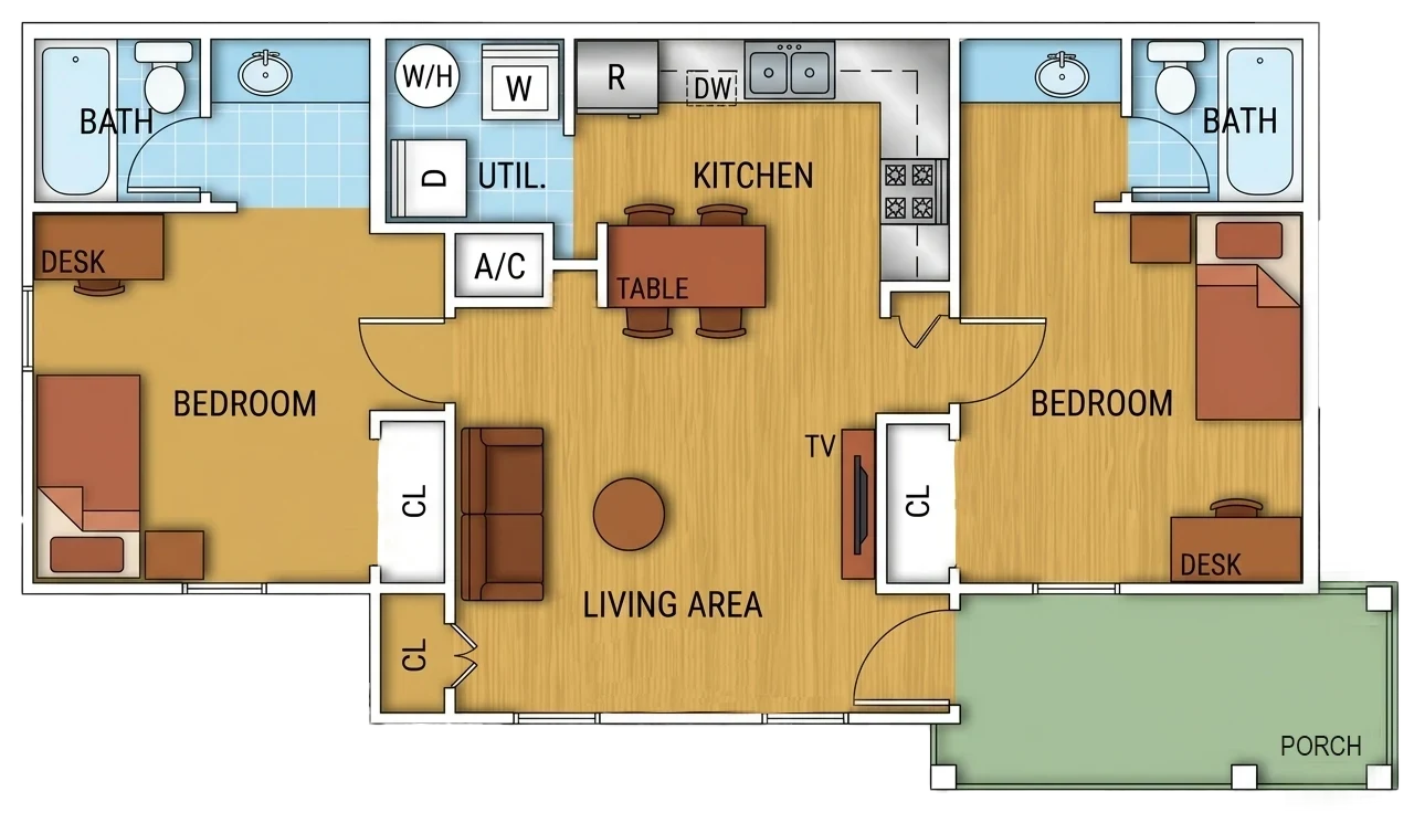 Type 4 two-bedroom, two-bath apartment floor plan