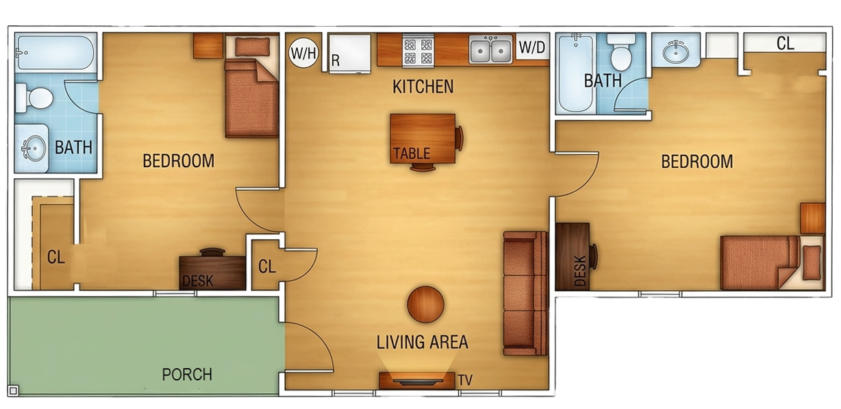 Type 5 large two-bedroom, two-bath apartment floor plan