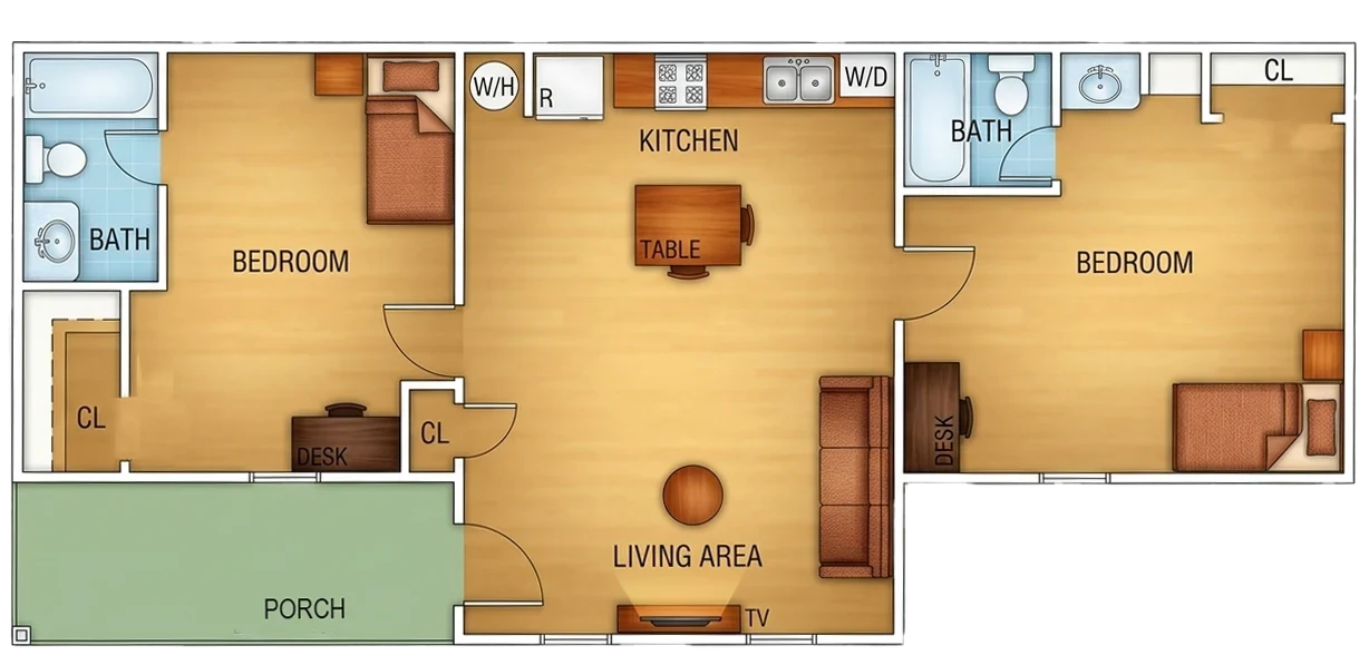 Type 5 large two-bedroom, two-bath apartment floor plan