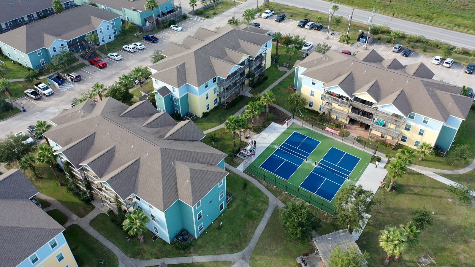 Aerial view of UAG apartment buildings and recreation courts